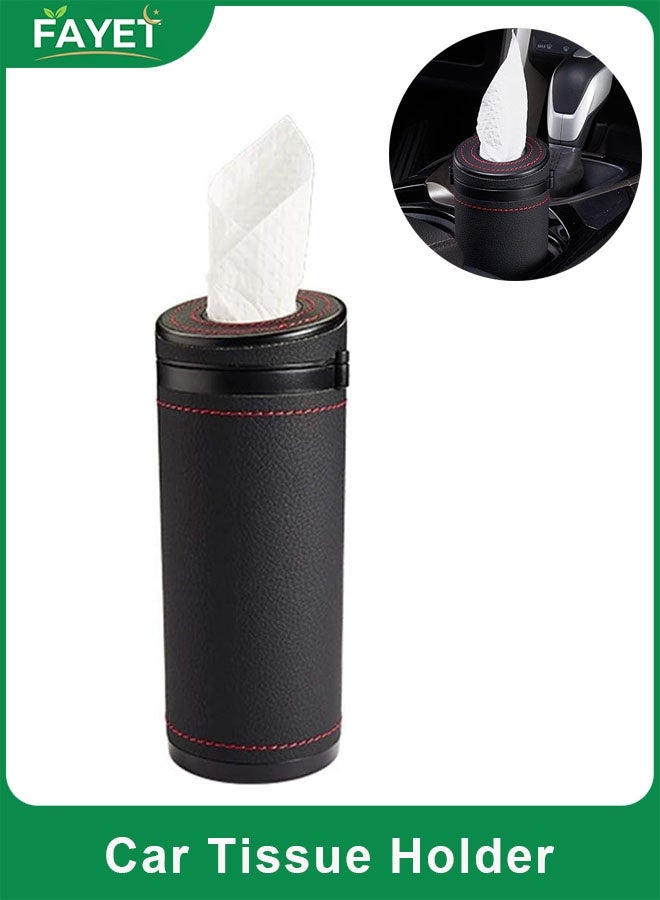 FAYET Car Cup Holder Tissue Dispenser Cylinder, Stylish ABS and Leather Travel Napkin Holder, Portable Round Tissue Canister for Vehicle, Home, Office (Black) - Image 1